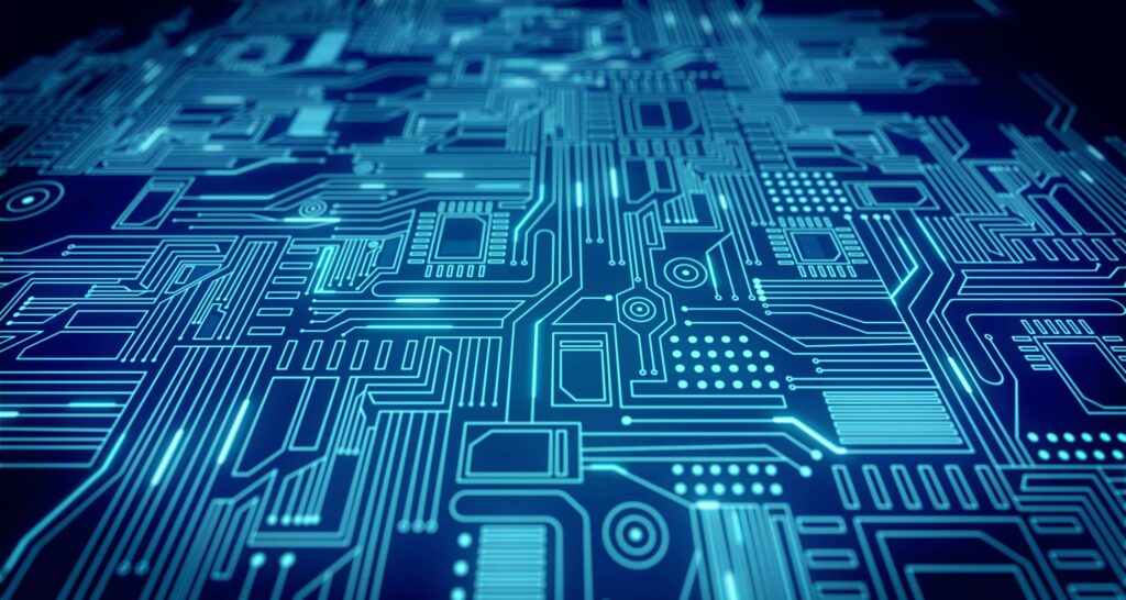 An illustration of a blue circuit board.