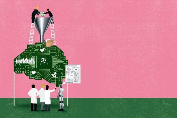 Illustration of people in lab coats working with an artificial brain and a robot.